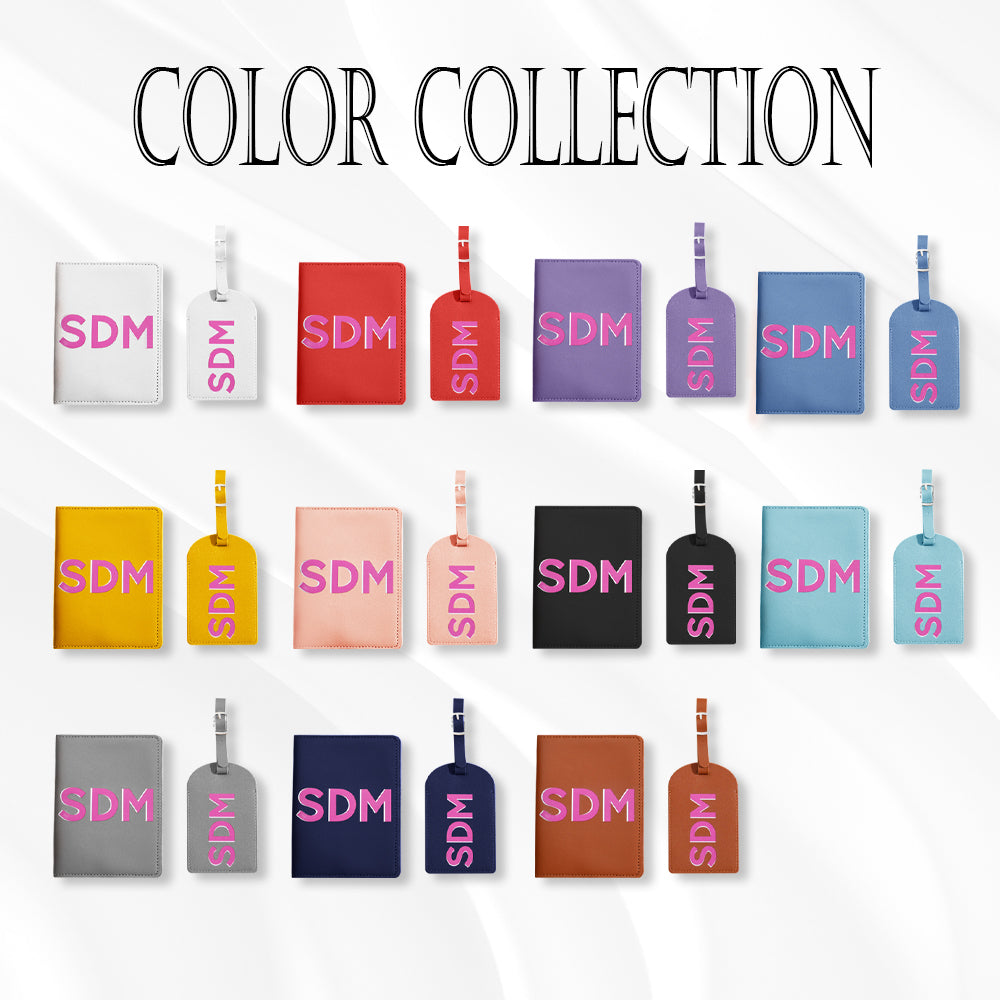 Juego de etiquetas para equipaje con porta pasaporte y monograma de sombra personalizado, regalo para fiesta nupcial, accesorios de viaje