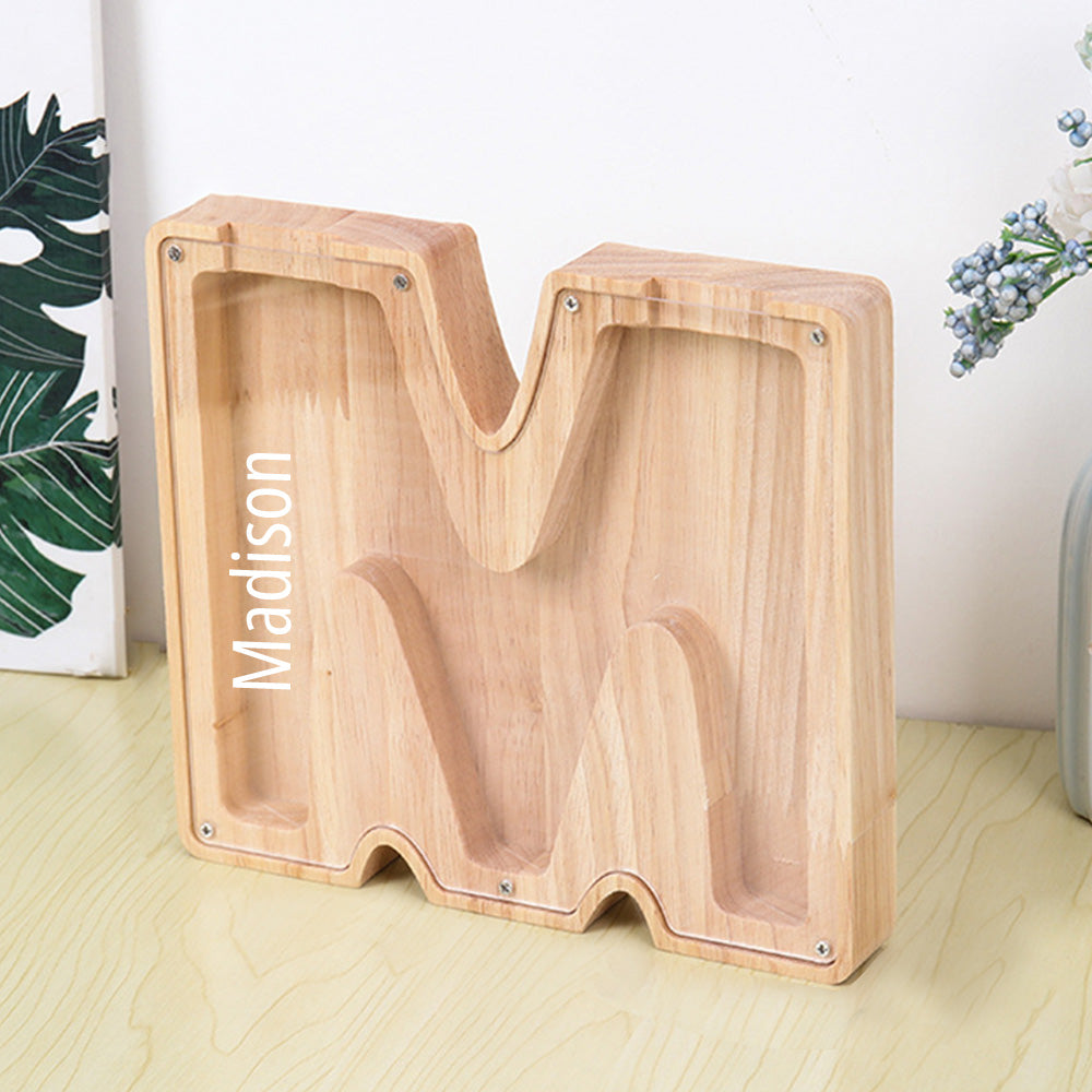 Personalized 26 Letters Piggy Bank Custom Name Wooden Money Box