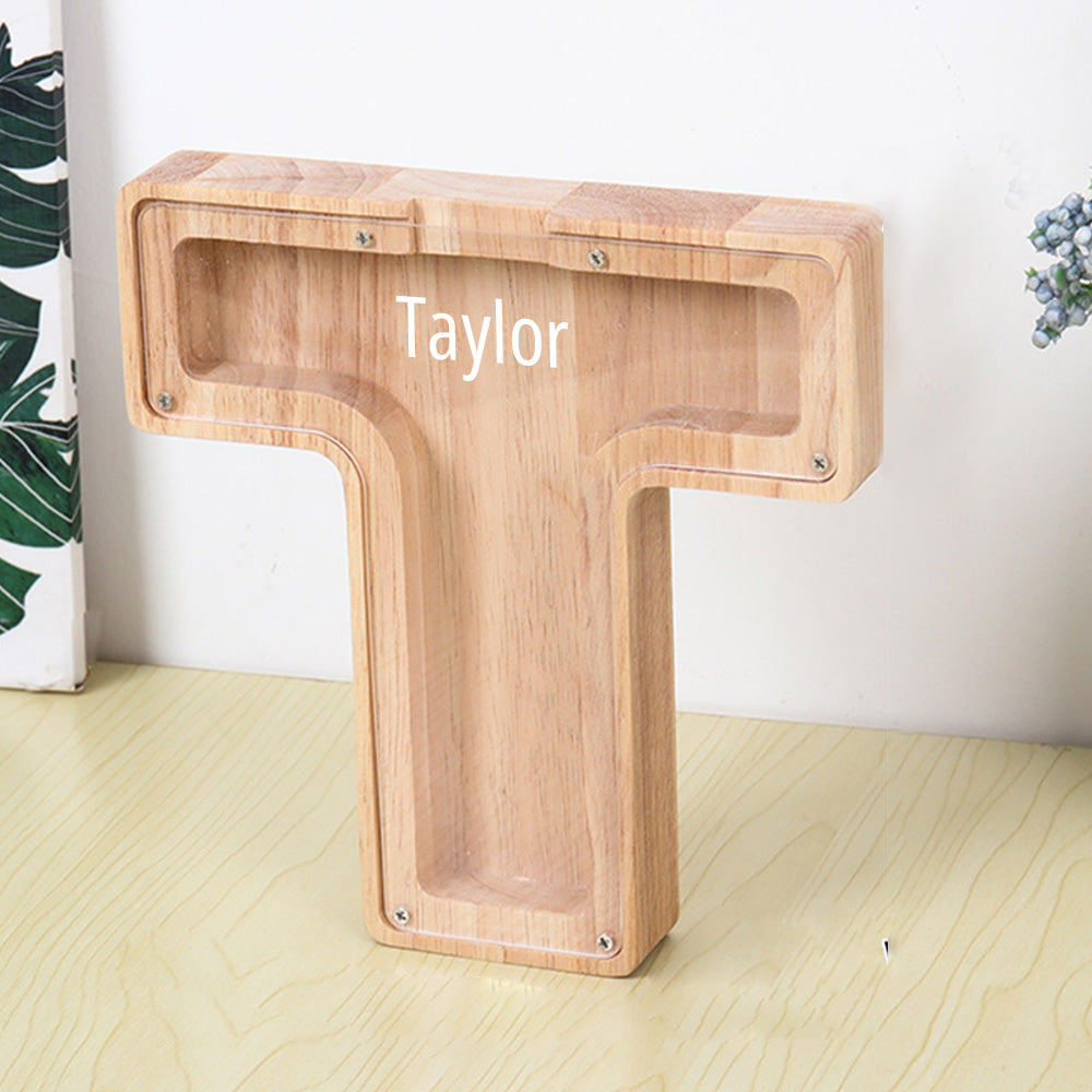 Personalized 26 Letters Piggy Bank Custom Name Wooden Money Box