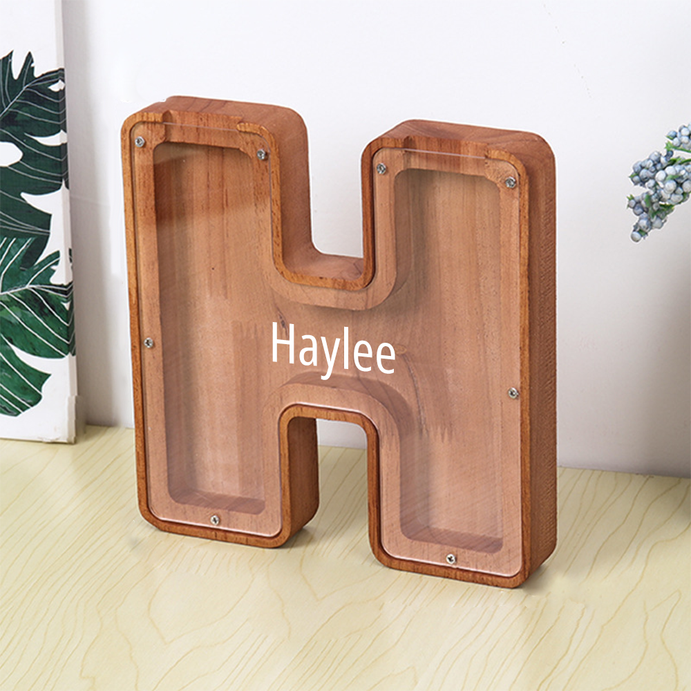 Personalized 26 Letters Piggy Bank Custom Name Wooden Money Box