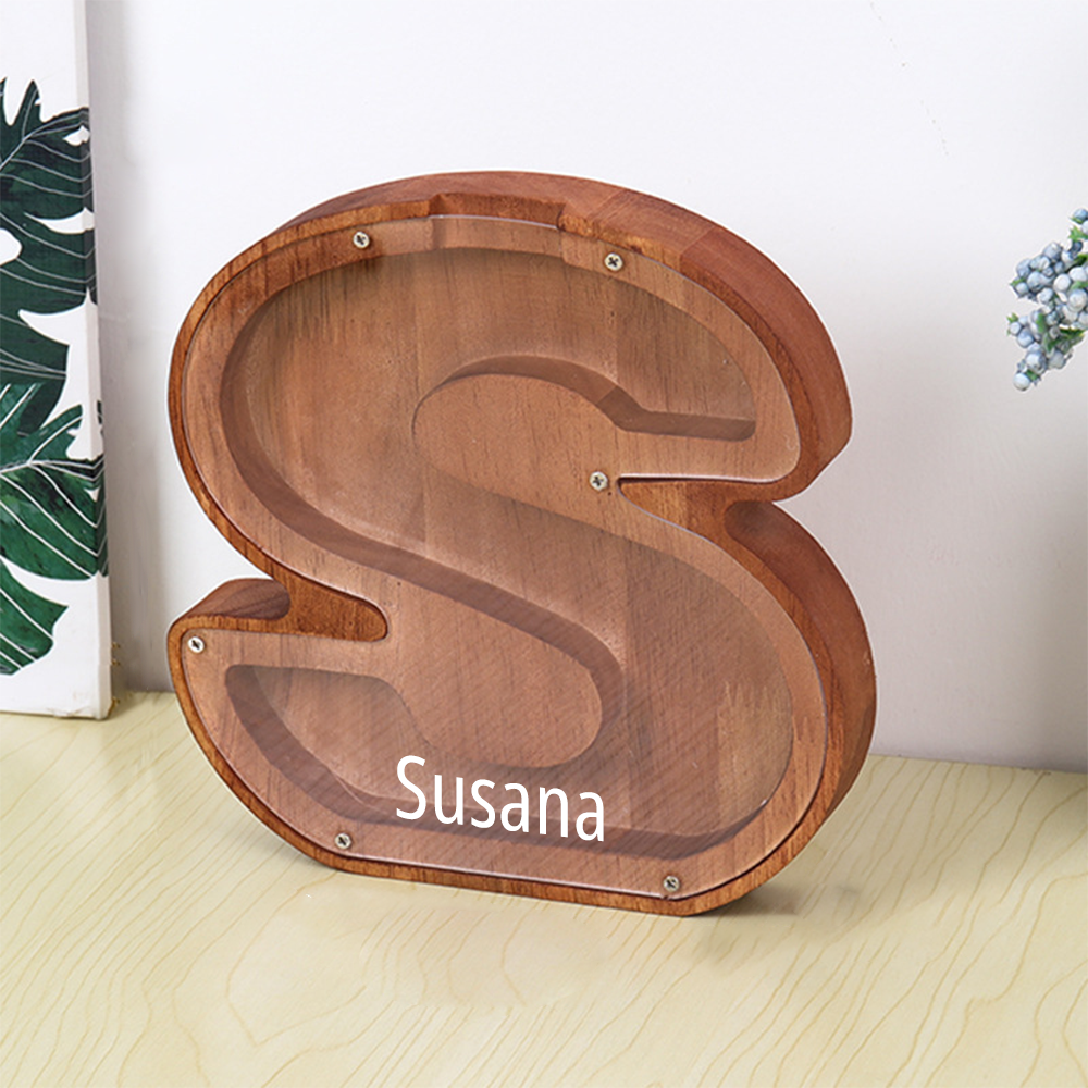 Personalized 26 Letters Piggy Bank Custom Name Wooden Money Box