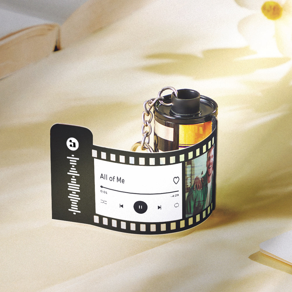Regalo para papá con llavero con rollo de cámara y texto, llavero con rollo de película fotográfica personalizado y código musical.