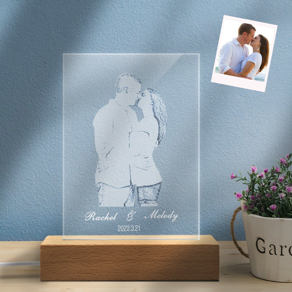 Lámpara de noche LED de cristal personalizada con foto tallada en 2D para pareja
