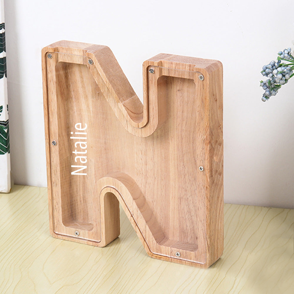 Personalized 26 Letters Piggy Bank Custom Name Wooden Money Box