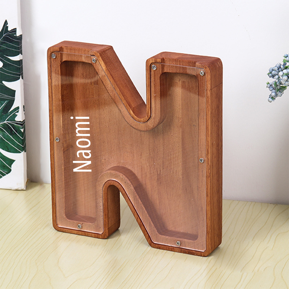Personalized 26 Letters Piggy Bank Custom Name Wooden Money Box