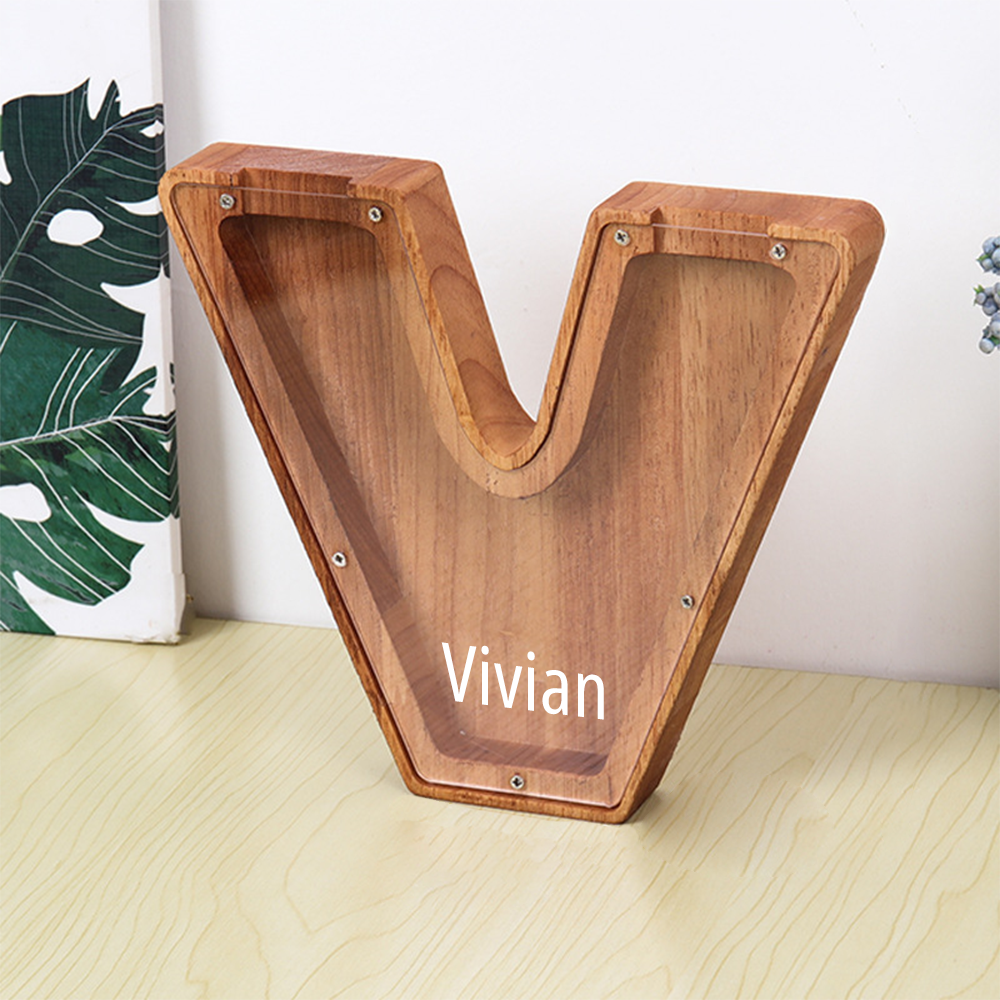 Personalized 26 Letters Piggy Bank Custom Name Wooden Money Box