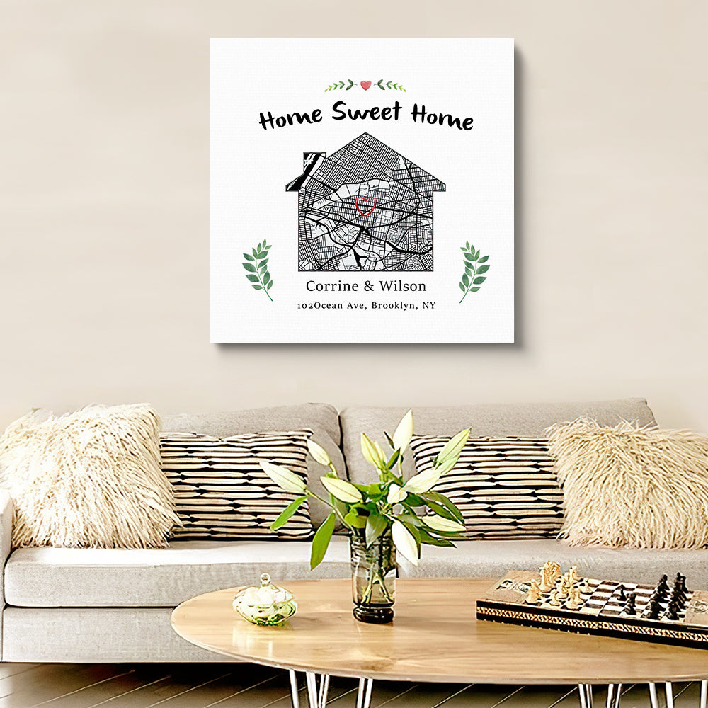 Lienzo con mapa de casa nueva personalizado, mapa de dulce hogar, regalo de inauguración de la casa, arte de mudanza personalizado, regalo de Navidad