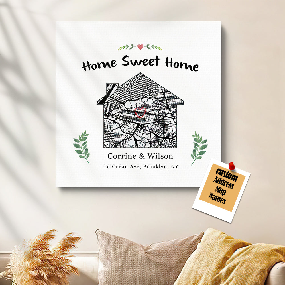 Lienzo con mapa de casa nueva personalizado, mapa de dulce hogar, regalo de inauguración de la casa, arte de mudanza personalizado, regalo de Navidad