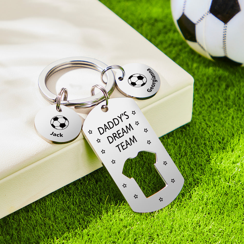 Llavero personalizado con el equipo de ensueño de papá del fútbol grabado con nombres de niños. Regalos para el Día del Padre.