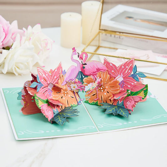 Tarjeta de felicitación 3D desplegable con diseño de flores de flamenco