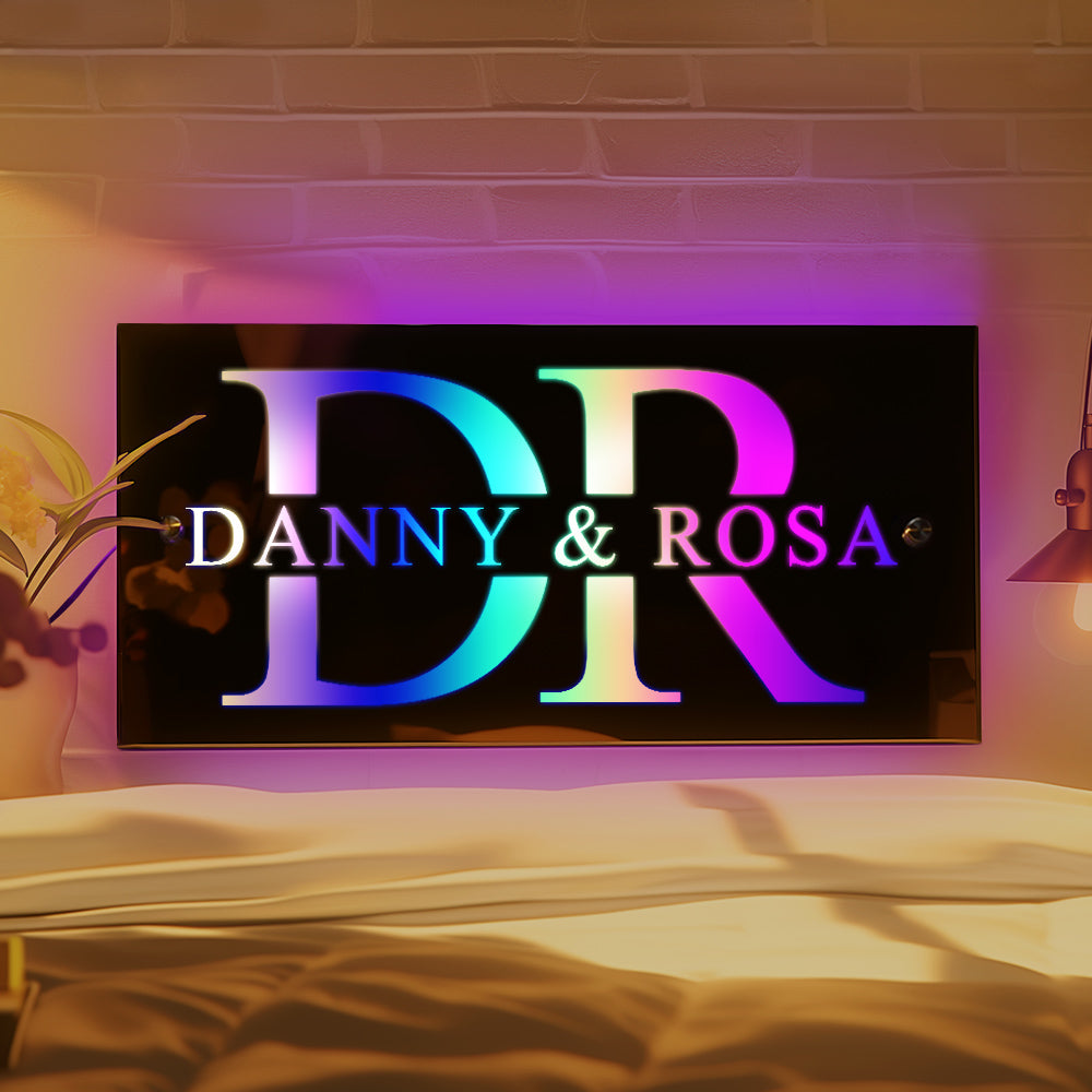 Letrero de espejo con nombre personalizado, luz y casa, regalo para pareja 
