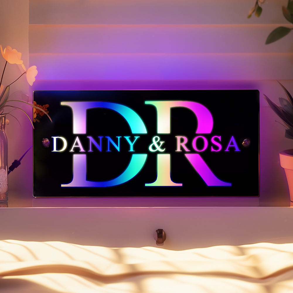 Letrero de espejo con nombre personalizado, luz y casa, regalo para pareja 