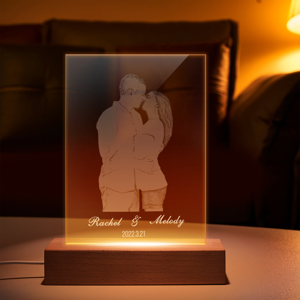 Lámpara de noche LED de cristal personalizada con foto tallada en 2D para pareja
